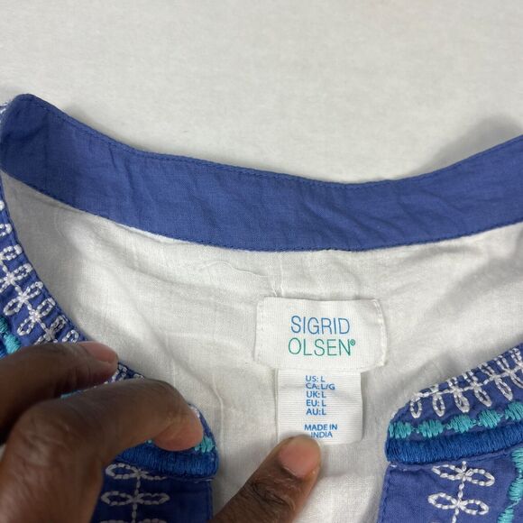 Sigrid Olsen Embroidered Caftan White 3/4 Sleeve Beach Coastal Coverup Tunic L - Picture 4 of 10